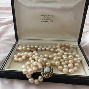 Beautiful vintage natural pearls- double strand- 14k gold clasp with opals—24”-